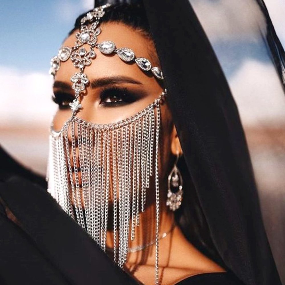 Crystal Tassel Face Mask Rhinestone Masquerade Jewelry for Women Halloween Party